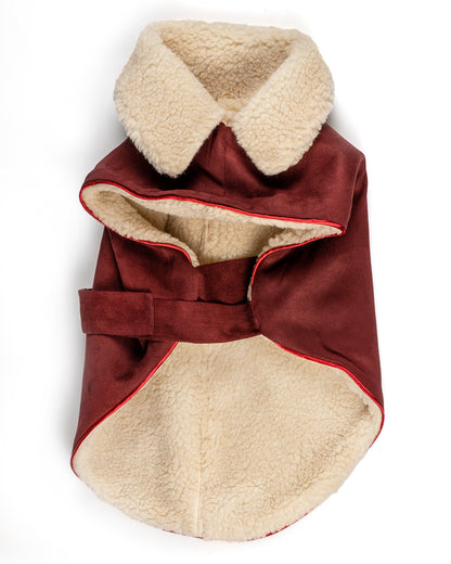 Ecosuede wrap coat with ecofur lining